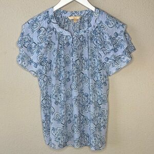 Hope & Harlow Blue on Blue Floral Ruffle Sleeve Button Front Blouse Size Large